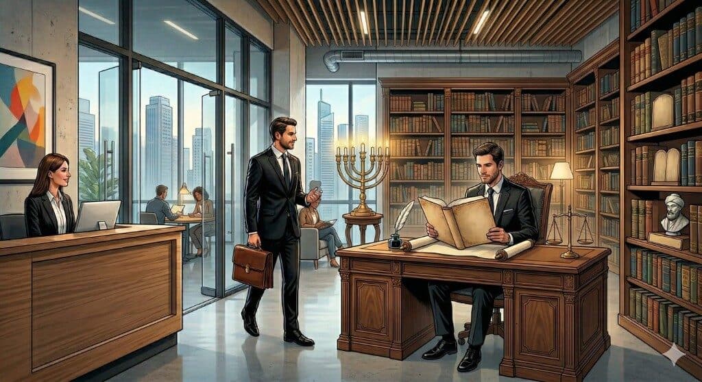 משרד עורכי דין מקצועי עם ספרים משפטיים וסמלים של מקצועיות ואמון